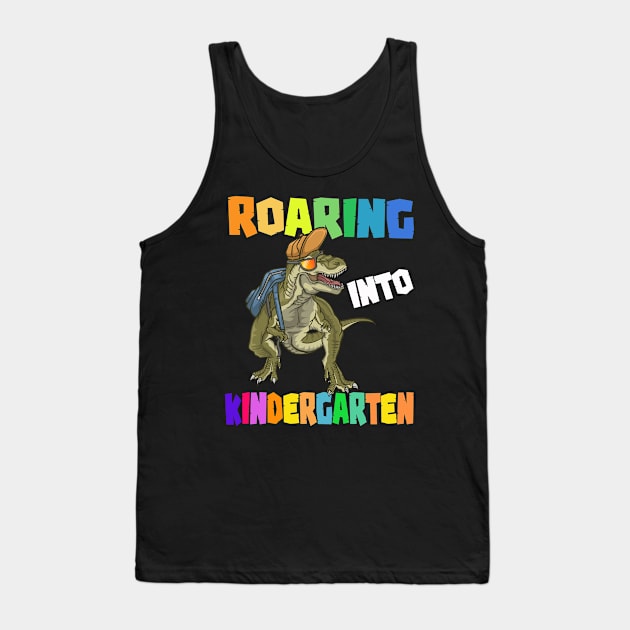 Kids Roaring Into Kindergarten TRex Dino First Day School Boys Tank Top by savariya